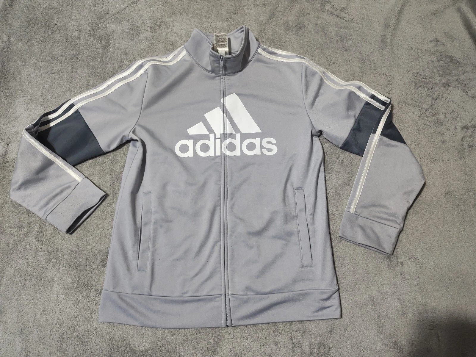 Adidas Boys Sz Large 14 16 Full Zip Jacket Halo Silver Big Logo Three Stripe