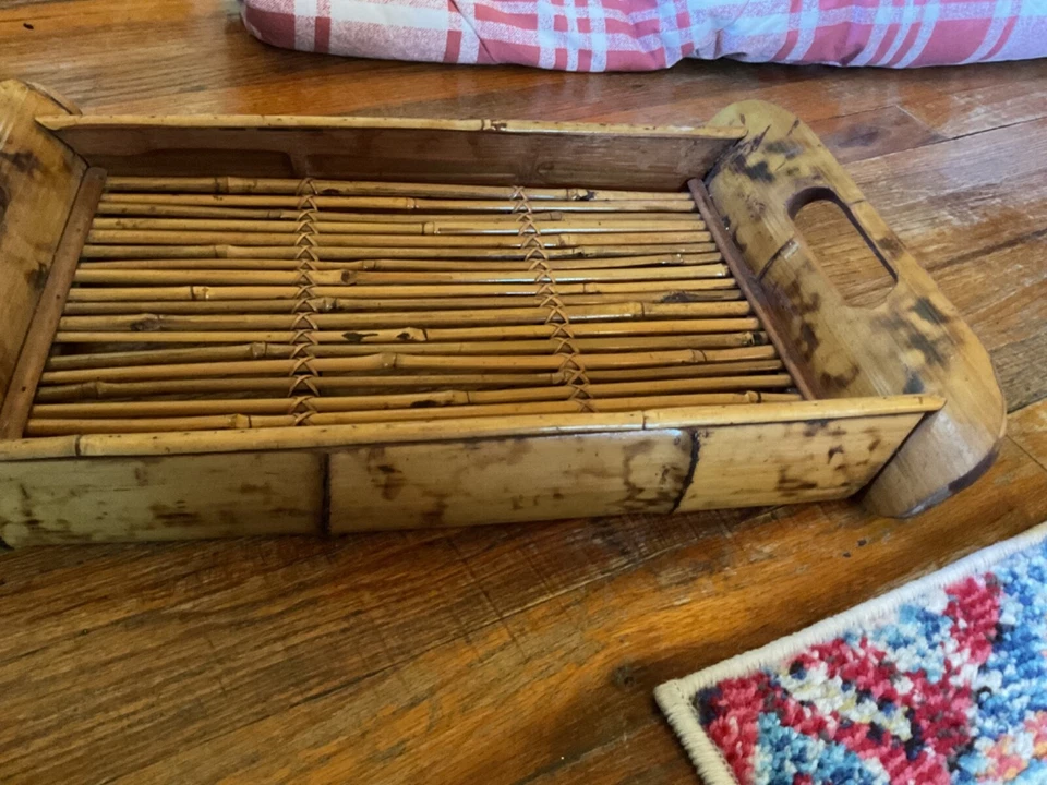 Tortoise Shell Bamboo Serving Tray Rattan Tropical Tiki Boho Handles Vintage - Image 3 of 4