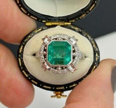 3Ct Colombian Green Simulated Emerald Old Mine Cut 14K White Gold Filled Ring