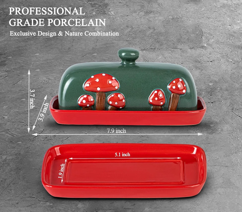 Mushroom Ceramic Butter Dish with Lid for Countertop - Red Container Tray, Large - Image 4 of 4
