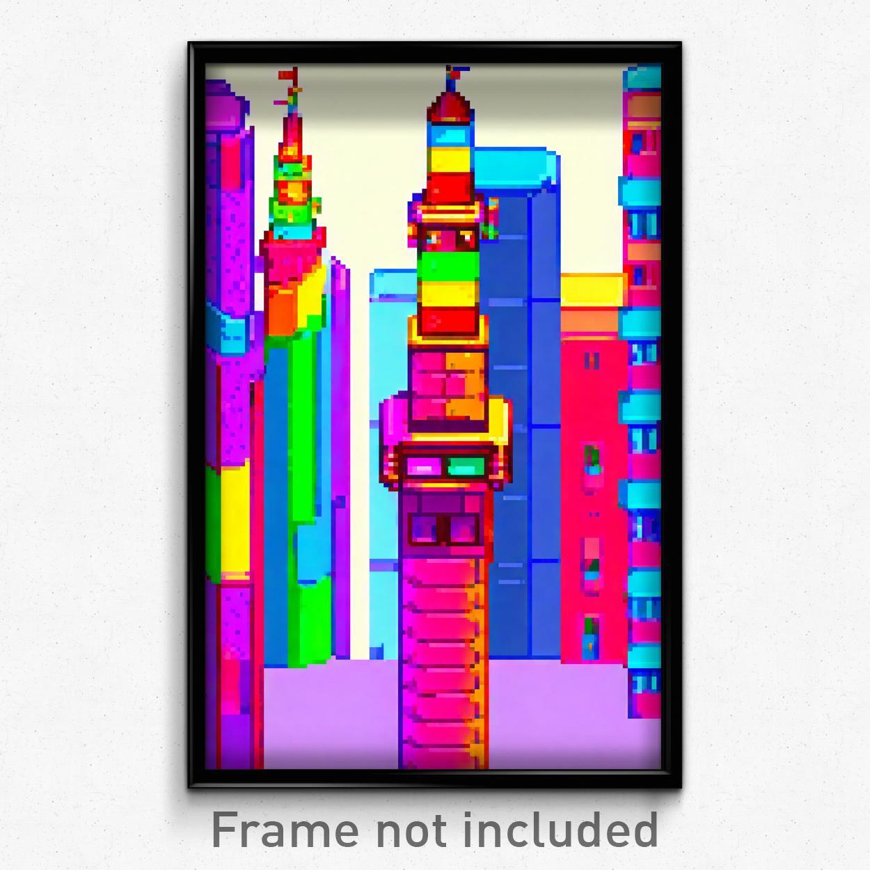 Pixel Art Poster - Multicolored Tower (8 Bit Psychedelic Video Game Print)