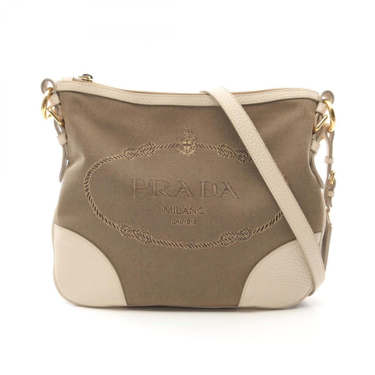 PRADA ショルダーバッグ ベージュ キャンバス PRADA ショルダーバッグ ベージュ キャンバス スタッズ付き