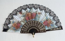 Vintage Folding Fan Lace Spanish Style Print Fabric Plastic Handle Roses Floral