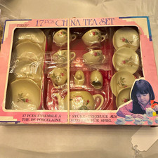 Vintage 1960  s 17-Piece Porcelain China Tea Set Play Set in Box, Pink Floral