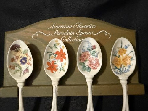 Avon 1989 American Favorites Porcelain Spoon Collection 4 Flowers + Wooden Rack - Bild 5 von 17