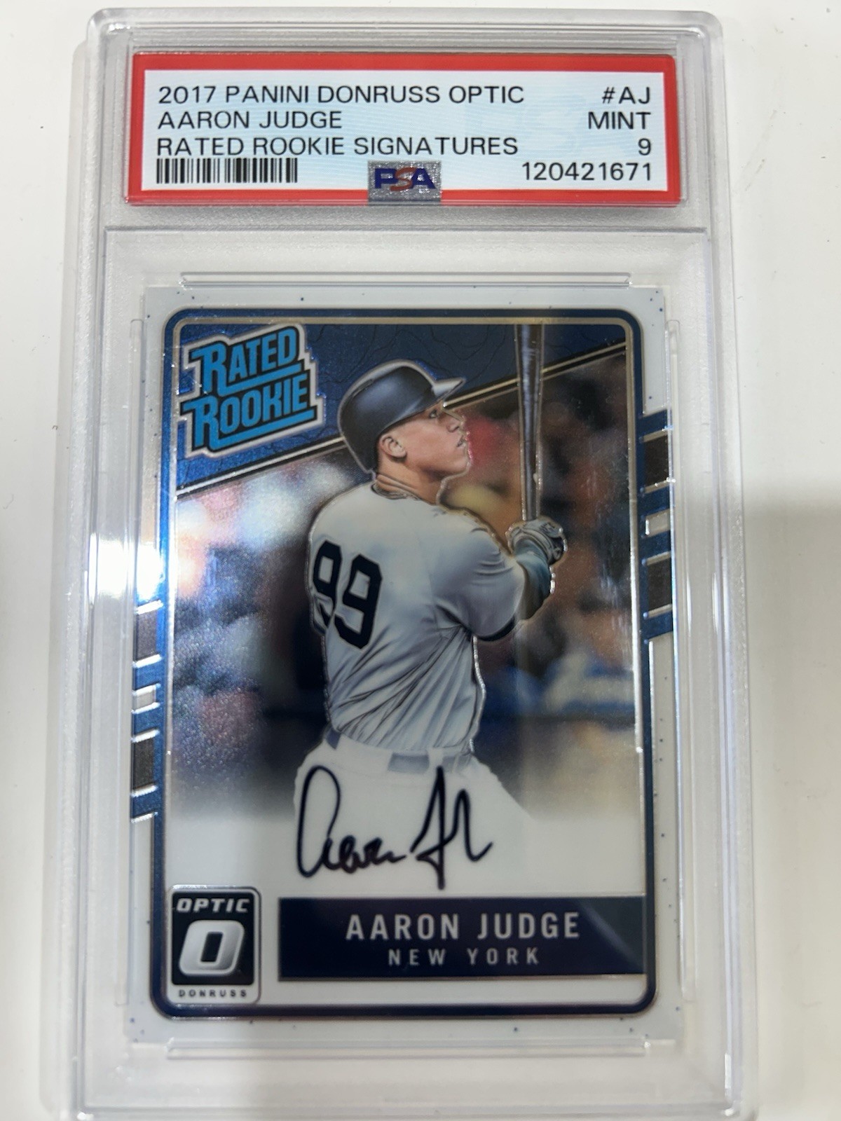 Aaron Judge #RRS-AJ Baseball Cards 2017 Panini Donruss Optic Rated Rookie Signatures trading card — raw and PSA graded price guide