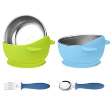 2 Pack Stainless Steel Baby Bowls Removable Silicone Suction Shell Forks Spoons