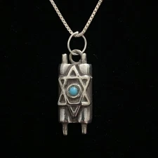 Sterling Silver Torah Scroll Star Of David Pendant Necklace Eilat Stone 18" Chai