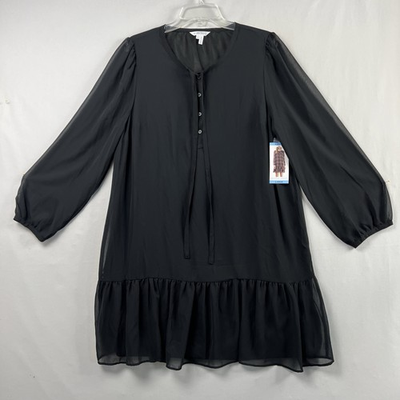 #ad Draper James Dress Womens Large Shift Tie Neck Flounce Black Ruffled hem NEW $15.30