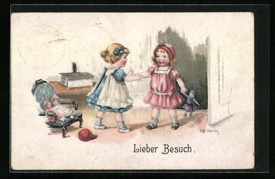 Artist postcard Elly Frank: girl joyfully welcomes her friend 1921 