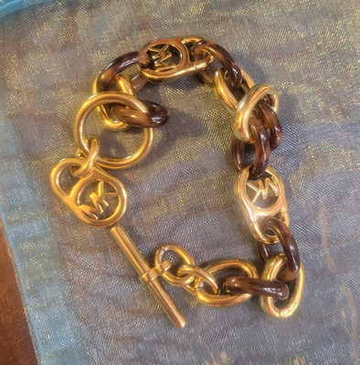 Michael Kors Gold Tone Cable Chain Logo Dangle Charm Toggle Bracelet Signed