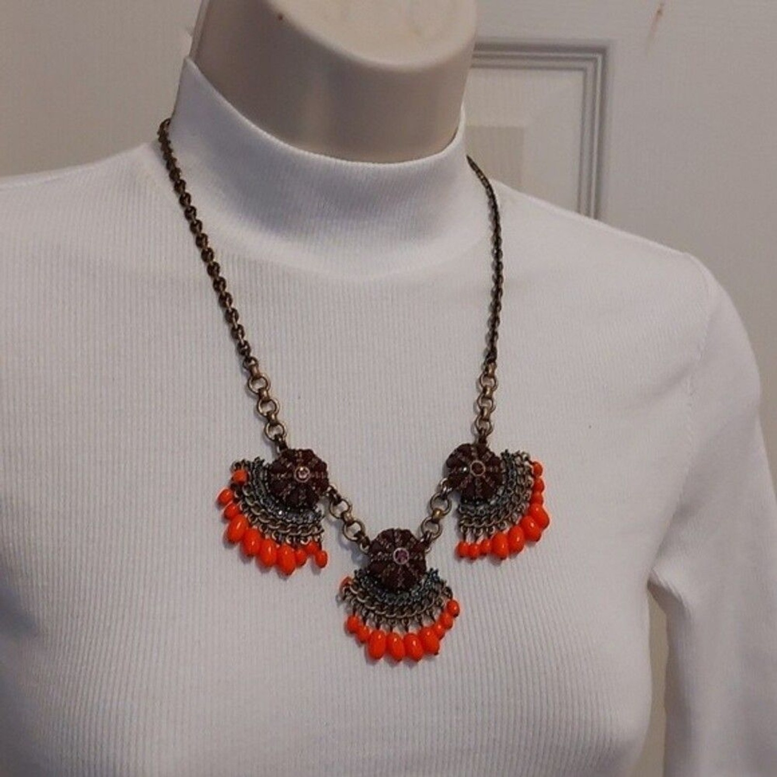 J.Crew Neon Orange Boho Chic Statement Necklace - image 4