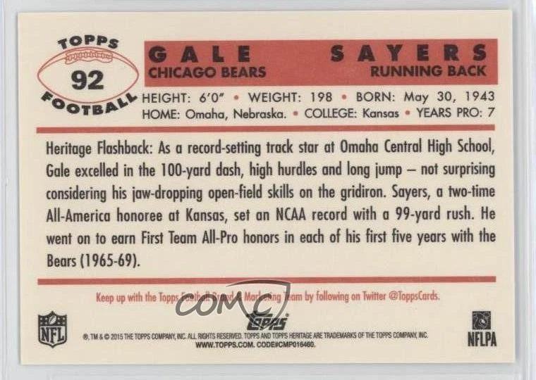2015 Topps Heritage Foilboard Gale Sayers #92 HOF - Image 2 of 2