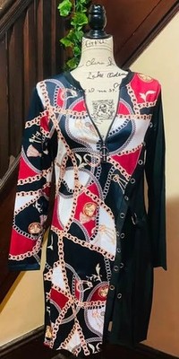 Chain Scarf Print Split Button Detail Zip Front Top Size 2XL