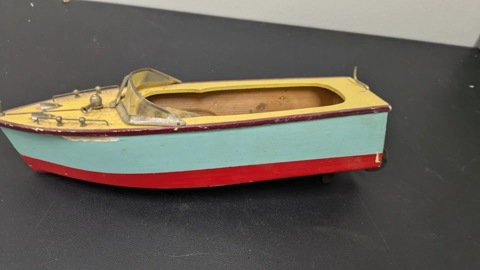 Barco eléctrico de hojalata vintage TMY Japón KM-2 13" con caja de madera sin probar raro Foto 2 de 4