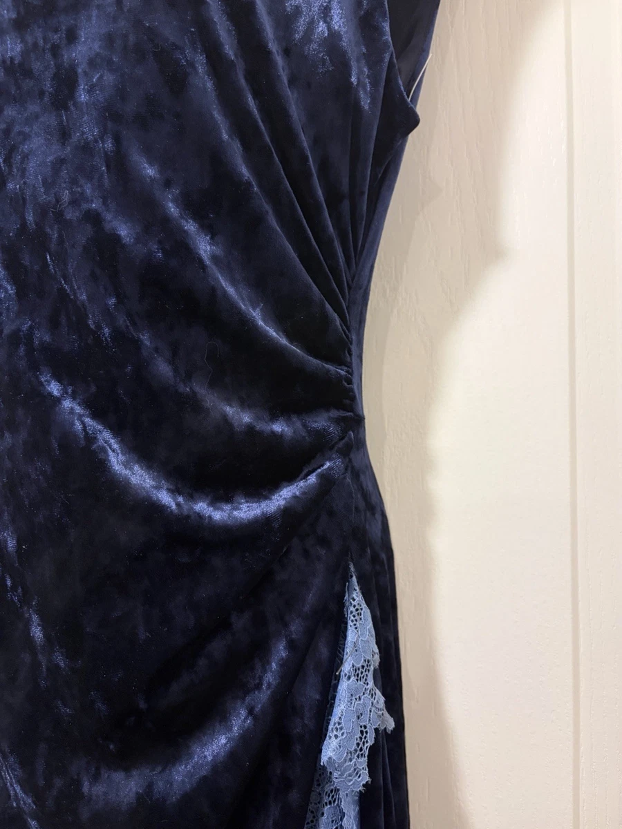 Vestido midi Adrianna Papell azul terciopelo encaje cuello barco sin mangas Reino Unido 12
