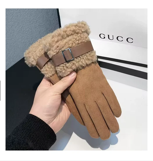 Guantes de ciclismo al aire libre para mujer pantalla táctil gruesos cálidos invierno gamuza hebilla fría Foto 3 de 4