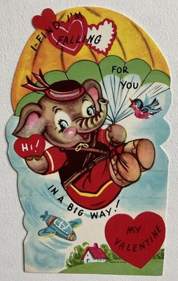 Vtg Valentine Card Baby Elephant Parachuting From Sky I m Falling For You #b9 