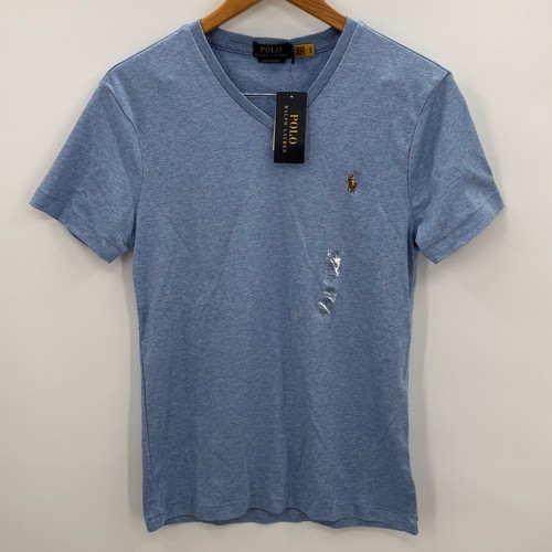 Polo Ralph Lauren Herren V-Ausschnitt T-Shirt Custom Slim Fit Meliert Blau Neu Small - Bild 2 von 8