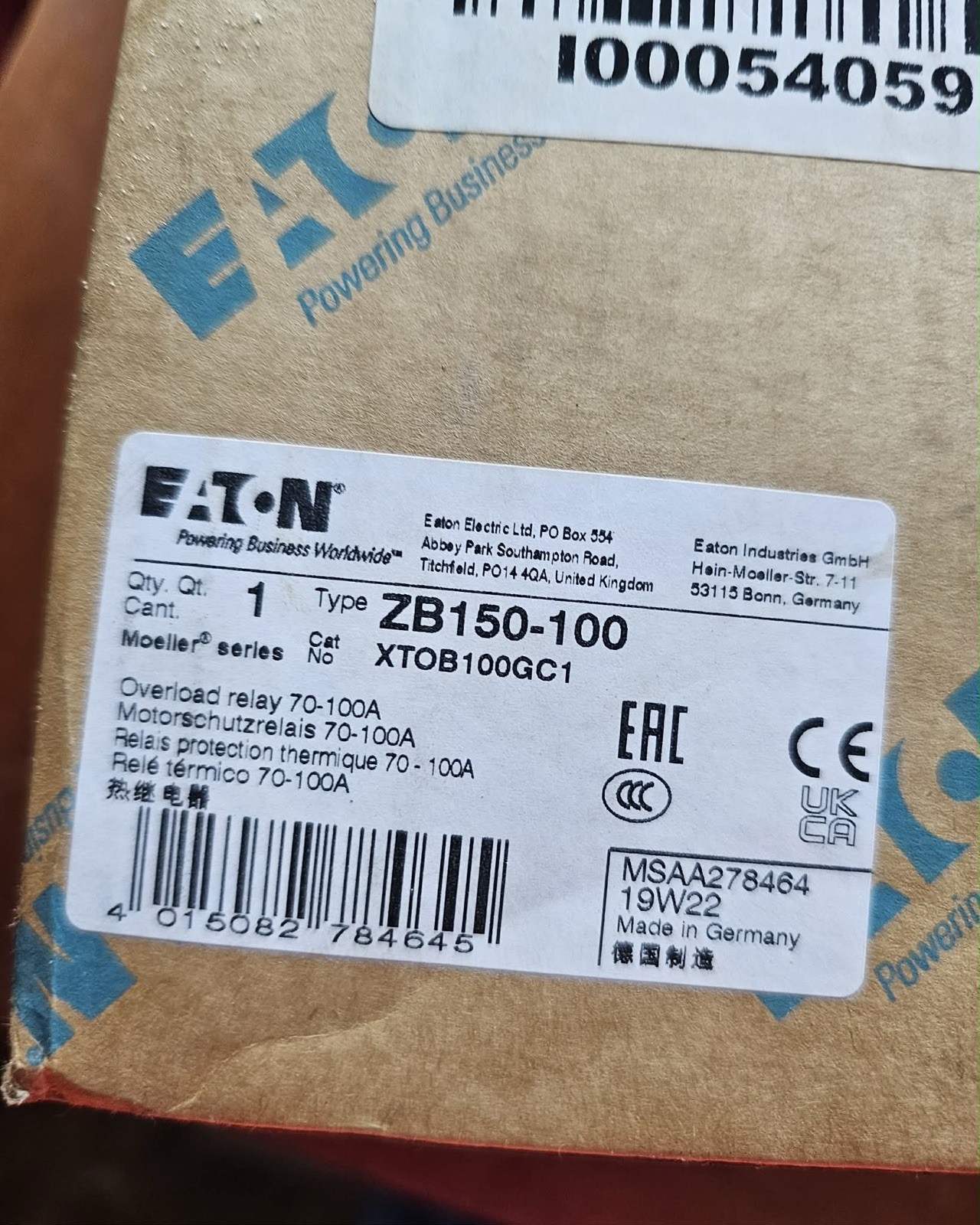 NOS Eaton ZB150-100 Thermal Overload Relay XTOB100GC1 70-100A Free Shipping