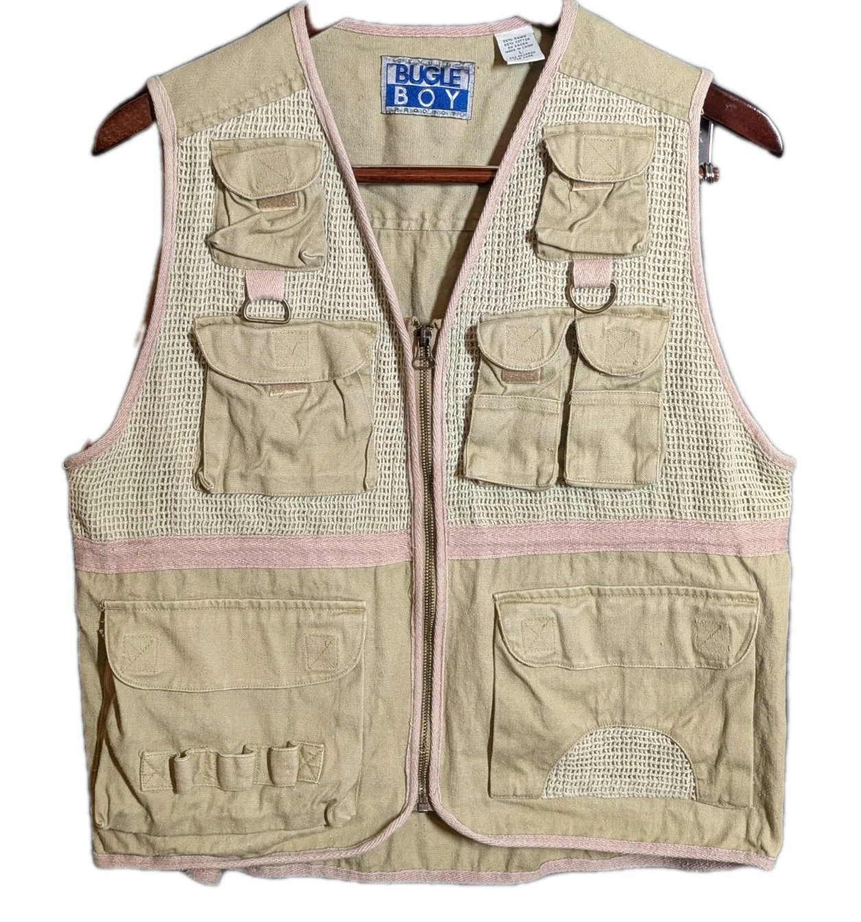 Vintage Bugle Boy Utility Fishing Vest L Tan Mesh Pockets Outdoors 90s Y2K