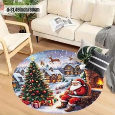 100cm 100cmSanta Claus and Snowy Village Theme Round Mat Mat - Depicts a Cozy Sa
