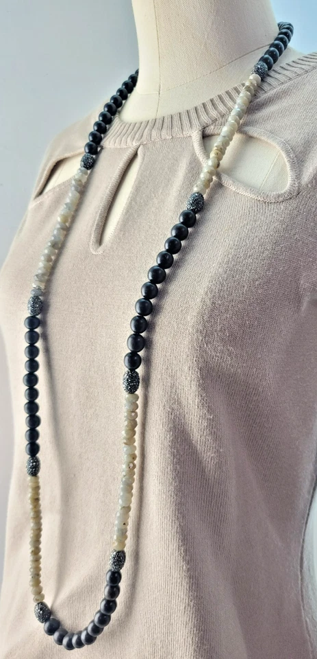 Fascinante collar de 44" con cuentas de cristal de marcasita piedra lunar facetada de piedra negra Foto 3 de 4