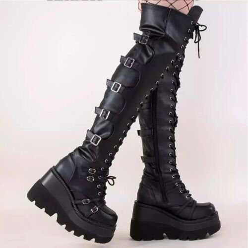 Overknee Stiefel Plateau Keilabsatz Stiefel Overknee Stripper Absatz Schnür Schnalle - Bild 5 von 25