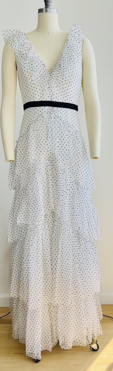 BCBGMaxazria Black White Polka Dot Tiered Ruffle A-Line Gown