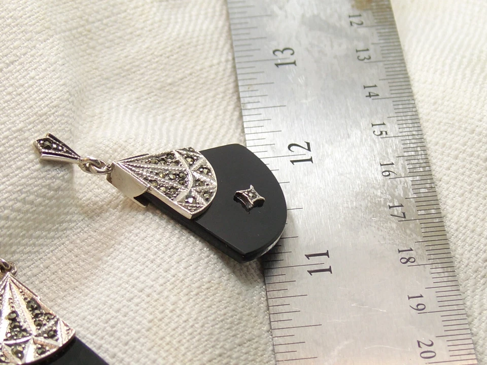 Brincos pendentes de prata esterlina ônix designer Estate DBJ Victoria Townsend ventilador - Imagem 3 de 4