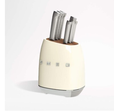 SMEG 7 Piece Stainless Steel Knife Block Set CREAM 6 Knives and Block