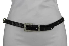 Women Silver Metal Bling Buckle Western Fashion Brown Faux Leather Narrow Belt L