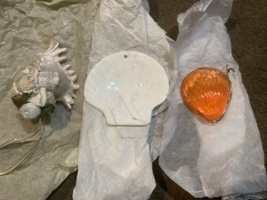 3 Shell Ornaments Conch, White Shell, Amber Shell 