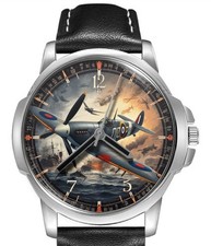 Spitfire Fighter Ww2 Dogfighter Art #1 Leather Strap Big Dial Wrist Watch