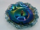 Vintage Iridescent Blue Carnival Glass Nut bowl 10" w/Acorn finial Ruffled Edge