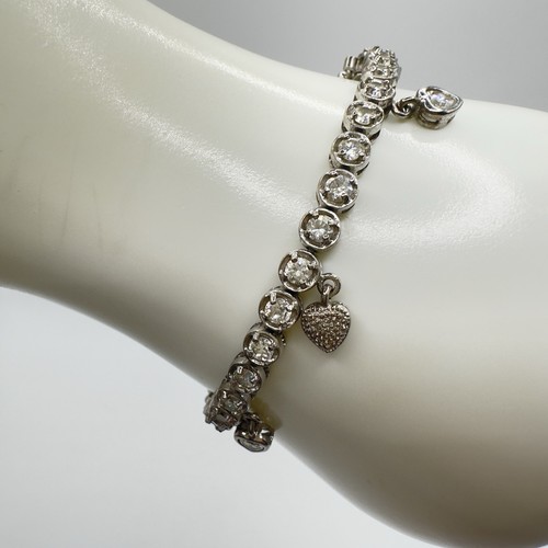 Sterling Silver Dangling Heart Tennis Bracelet Cubic Zirconia CZ Size 7 925 - Picture 4 of 18