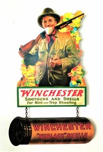 1913 WINCHESTER  Model 12 ~ Old Man Smoking Pipe Die-Cut Sign w a NUBLACK Shell