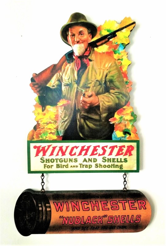 1913 WINCHESTER  Model 12 ~ Old Man Smoking Pipe Die-Cut Sign w a NUBLACK Shell