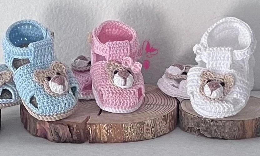 FATTO A MANO Baby Sandalen, Häkeln, Handarbeit, Baumwolle, Schnullerhalter, 3 Größen, Bär