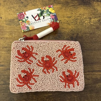A&B Express Edit Pink & Red Crab Design Hand Beaded Coin Purse/Pouch NWT