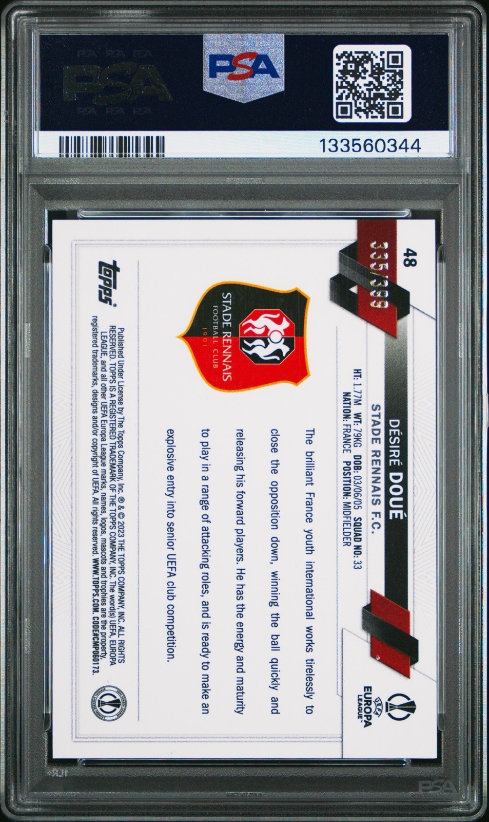 2022-23 Topps Chrome UCC Desire Doue PSA 10 Green X-Fractor /399 Rookie RC view 2