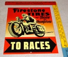VINTAGE FIRESTONE TIRES MOTORCYCLE RACES 12" PORCELAIN METAL GASOLINE & OIL SIGN