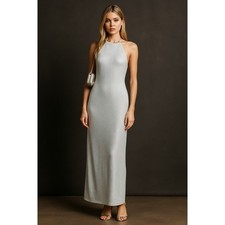 Vintage Nadine Silvery Blue Halter Maxi Dress Size 11 Y2K Shimmer Gown Open Back