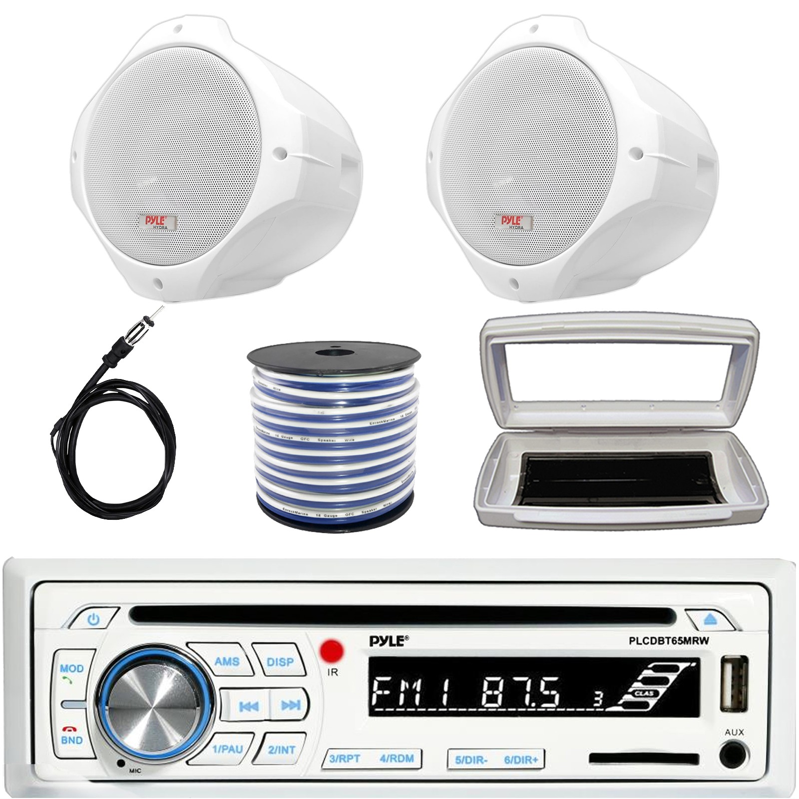 Pyle 1-DIN Marine CD Stereo W/White Cover, 2x 6.5" 200W Max 