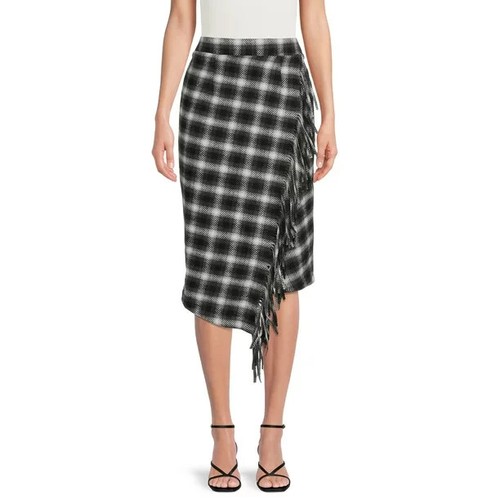 Time and Tru Women Fringed Faux Wrap Skirt Black Plaid Size X-Large (16-18) - Picture 5 of 5