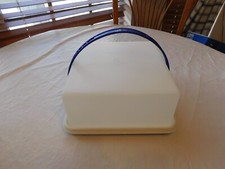 Tupperware Square Cake Keeper Carrier Cupcake Taker Blue Handle Pre-owned