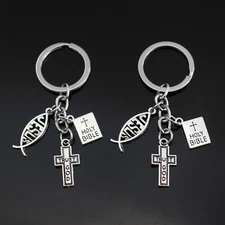 2x PCS Trust God Cross Jesus Fish Christian Holy Bible Charms Keychain Key Chain