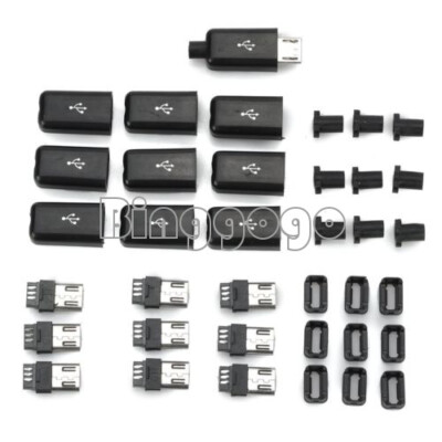 10PCS NEW DIY Micro USB Male Plug Connectors Kit w/ Covers Black Color