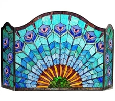 Stained Glass Fireplace Screen Tiffany Style Peacock Feather Design
