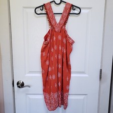LOFT Orange White Ole Pom Pom Trim Sleeveless Swing Shift Dress Womens M